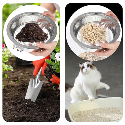 7 Pcs Soil Sifter Set Stainless Steel Riddle Sieve Set for Gardening with 5 Sizes 7.68" Diameter 1/3/6/9/12mm Interchangeable Meshes - Garden Potting Sieves with Shovel - Planting Soil Sifters Strains