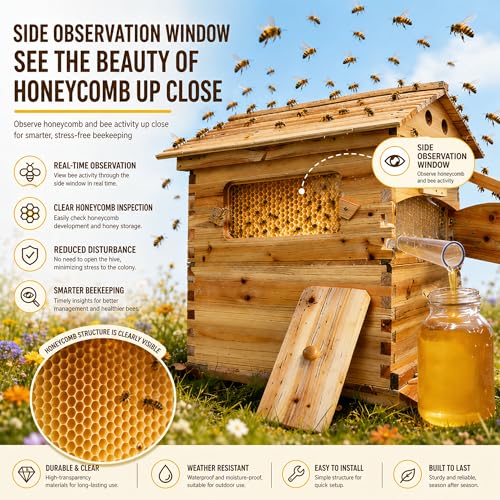 Wooden Beehive Starter Kit with Honey Collection System & Frames, Bee Hive Box with Observation Window, Beginner Friendly Backyard Beekeeping Kit for Honey Harvesting, 24"×22"×30"