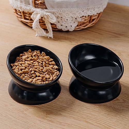 Elevated Ceramic Cat Bowl, 15° Tilted Raised Food & Water Dishes, Anti-Vomiting & Neck Protection Pet Feeder for Kittens, Small Dogs (5.2", Black, 2pc Set) - color: Black, size: 5Inch-2pc