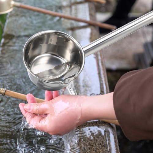PRETYZOOM 14‘’ Long Handle Stainless Steel Water Ladle with Pour Spout Soup Scoop, Large Metal Garden Watering Spoon for Kitchen, Cooking Japanese Bathing Dipper Heavy Duty