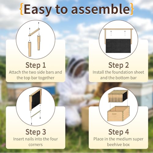 Medium Super Beehive Frames and Wax Foundations, Honey Bee Frames with 100% Beeswax Coated Foundation Sheets, Bee Hive Frame and Foundation 10 Pack