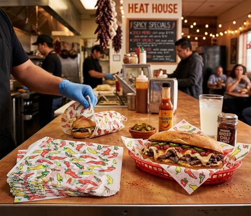 MADE IN USA 1,000 Sheets of Grease-Resistant Food Grade Waxed Kraft Deli Tissue Paper, 12" X 12" (Jalapeno Print) - color: Jalapeno Print