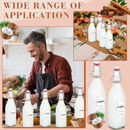 DoubleFill 8 Set Coquito Swing Top Glass Bottles 16 Oz Flip Top Brewing Bottles with Coquito Stickers Wine Airtight Caps for Home Party Milk Eggnog Kefir(Stylish) - style: Stylish