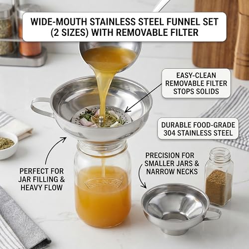VRUIFA Canning Funnel with Strainer, Wide Mouth Funnel for Filling Mason Jars, Stainless Steel Canning Supplies for Kitchen Use, 3 Pack (Small and Large)