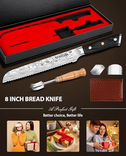MOSFiATA Bread Knife 8” Ultra Sharp Serrated Knife, German High Carbon Stainless Steel EN1.4116 Bread Slicer with Bread Lame, Micarta Handle, For Bread, Cake, Bagels - style: 8 inch bread knife