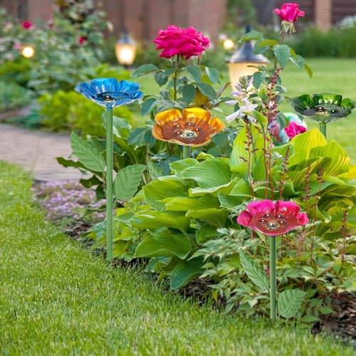 Bee Watering Station for Garden – 4 Pack Metal Flower Bee Bath with Decorative Bee, Butterfly Watering Station Cups with Glass Marbles – Butterfly Feeder for Outdoor Yard, Pollinator Water Feeder