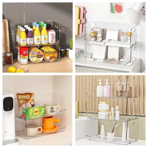 Nicunom 2 Pack Stackable Plastic Storage Bins Open Front, Clear Pantry Organizer Bin Household Food Storage Bin for Kitchen Countertops Cabinet Shelf Fridge
