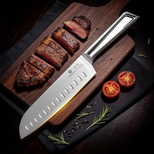 imarku Chef Knife Ultra Sharp Santoku Knife 7 Inch, High Carbon Stainless Steel Japanese Kitchen Knife with Hollow Edge | Seamless Ergonomic Handle, Gift Box for Meat/Vegetables/Tomatoes & Daily Prep - color: Brushed Silver