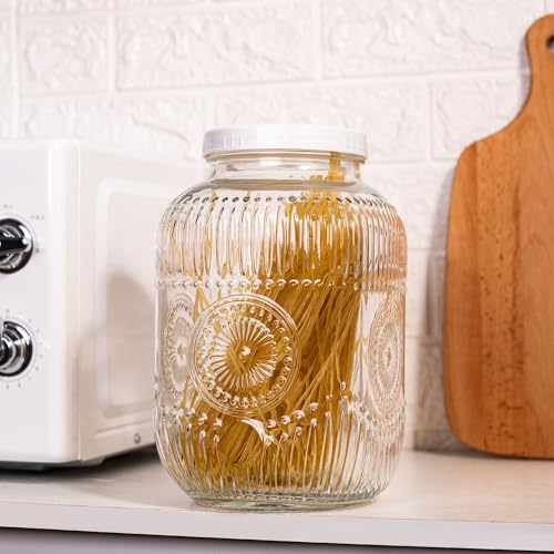 Amzcku 2 Pack 1 Gallon Glass Jar with Lid Wide Mouth, 128 OZ Large Mason Jar with Airtight Screw Lid and Handle, Glass storage containers, Cookie, Candy, Kombucha and fermention