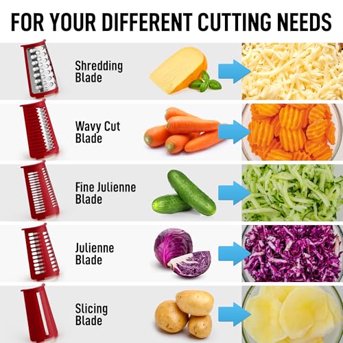 Zulay Kitchen Rotary Cheese Grater 5 Blade Cheese Shredder - Manual Hand Crank Cheese Grater With Reinforced Suction & 5 Interchangeable Drums - Easy to Use, Vegetable Chopper Round Mandoline Slicer - color: Maroon