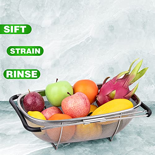 Tiawudi 6-Quart Large Over The Sink Colander, Heavy Duty 40% Thicker 18/8 Stainless Steel Fine Mesh Strainer Basket with Expandable Rubber Grip Handles - Strain, Drain, Rinse Fruits, Vegetables