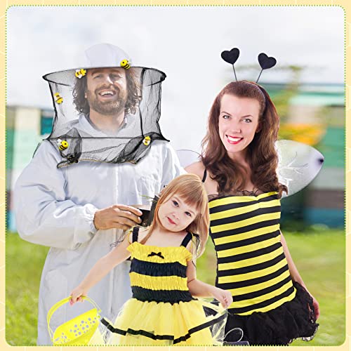 Unittype 22 Pcs Halloween Beekeeper Costume Set Including 2 Bee Keeper Hat and Veil, 10 Wool Felt Bee, 10 Round Double Sided Tape Beekeeper Helmet Bug Insect Hats with Netting for Men Women Adult