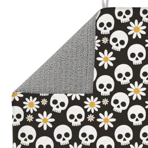 White Skulls Daisy Flowers Dish Drying Mats for Kitchen Counter, Super Absorbent Microfiber Drainer Pad, Washable Reversible Appliance Protector, Everyday Kitchen Must-Have, 16x18 Inch - color: White Skulls Daisy Flowers
