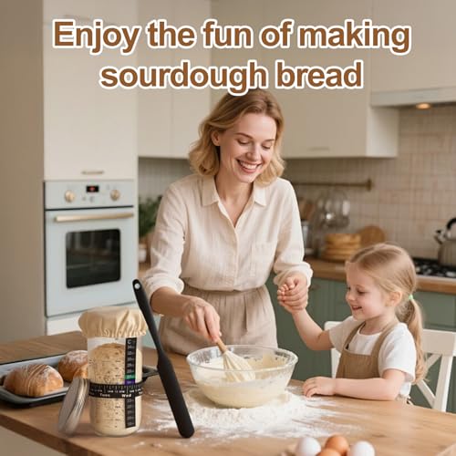 24 oz Wide Mouth Sourdough Starter Jar Kit, Glass Fermentation Container with Date Marker, Thermometer, Silicone Scraper & Lids, Airtight Glass Storage Canister for Homemade Bread Baking, Complete Sourdough Baking Supplies