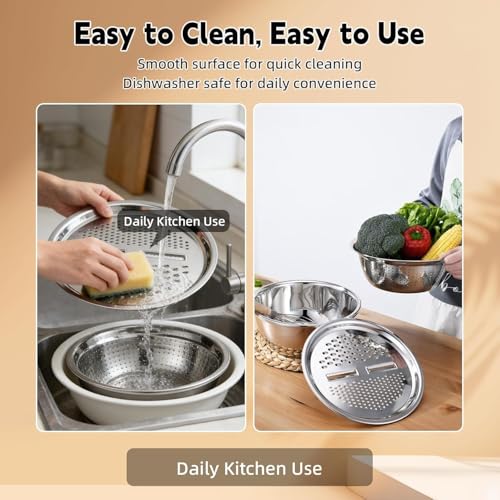 Germany Multifunctional Stainless Steel Basin - 2026 New 3-in-1 Grater Strainer and Drain Basket Set with Vegetable Slicer, 10.24 Inch for Kitchen Rinsing Draining Mixing