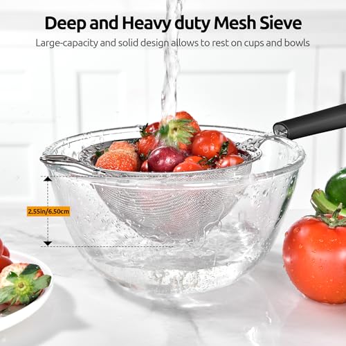 U-Taste Medium Fine Mesh Strainer: 18/8 Stainless Steel 4.73in 30 Mesh Kitchen Food Sieve with Sturdy Riveted Silicone Handle, Heavy Duty Deep Handheld Metal Colander for Rice, Quinoa, Flour (Black) - color: (2) Black, size: M-4.73in
