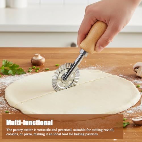 Pastry Cutter Wheel, Crinkle Wheel with Beech Wood Handle | 304 stainless steel crinkle blade, beech wood handle, multi-use for pizza pasta pastry cookie ravioli, 5 variants - color: Short Handle Large Cutter Wheel