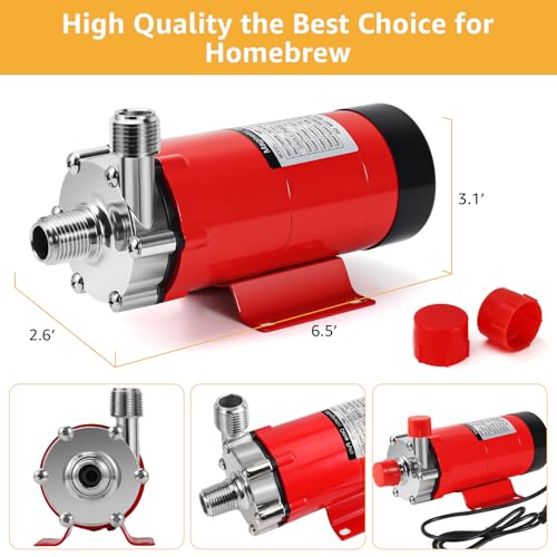 MRbrew Wort Pump Stainless Steel for Wort Transfer, Magnetic Beer Pump Brew with 1/2” NPT Thread Head, Quiet Operation & Excellent High Temperature Resistance System Beer Brewing Kit (RED) - size: Red Pump