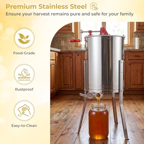 Goplus 3 Frame Honey Extractor, Stainless Steel Manual Honey Spinner with Bottom Gravity Flow Gate & Clear Lid, Honeycomb Drum Spinner, Adjustable Height Apiary Centrifuge Equipment for Home Apiary