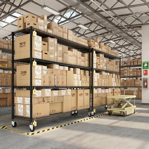 REIBII 2480LBS Capacity Heavy Duty Storage Shelves with Wheels, 1-Inch (25.4mm) Steel Tube, Adjustable Wire Shelving for Garage, Warehouse, Pantry & Commercial Use, 75.6" H x 55.5" W x 24" D - color: Black
