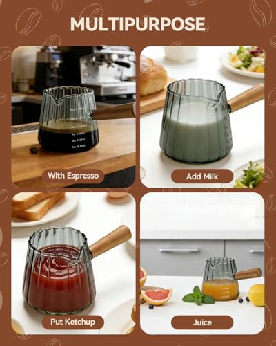 2 PCS Espresso Measuring Cup 6 Oz, Espresso Glass Cups with Wood Handle, Milk Frothing Cup, Espresso Cup for Coffee, Milk, Tea or Maple Syrup Serving (Grey) - color: Gray
