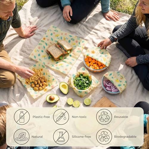 Beeswax Wraps for Food, Flowers 3 Pack (S, M, L) Reusable Food Wraps, Bread Sandwich Wrap, Zero Waste, Organic, Plastic-Free Food Storage Wrap - color: Flowers