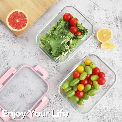 HOMBERKING 4 Pieces 63oz/8cup Large Glass Food Storage Containers with Lids, Meal Prep Containers, Airtight Bento Boxes with Leak Proof Locking (2 Containers + 2 Lids), Microwave, Oven Safe-Pink - color: Pink, size: 2 Sets
