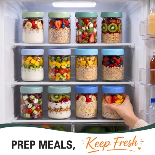 6 Pack Overnight Oats Containers with Lids, Mason Jars 16 oz with Lids, Yogurt Containers for Meal, Wide Mouth Glass Storage Jars for Pudding, Snack, Prep, Oatmeal, Sugar, Food, Chia, Seed - color: Mint Breeze