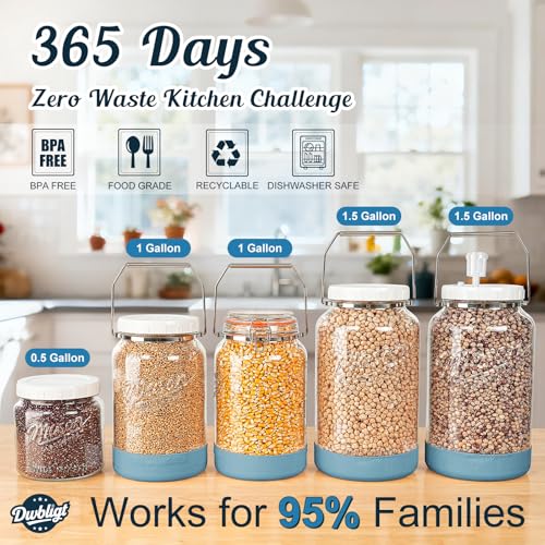 2 Packs 1 Gallon Glass Jars with Airtight Lids, Wide Mouth Mason Jars with Clip Top & Stainless Steel Handle & Silicone Base, Glass Storage Containers for Kitchen Storage, Pickling-Dual Scale - size: 1 Gallon/Glass Lid