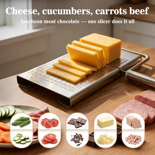 Wire Cheese Slicer & Cutter for Block Cheese & Butter — Stainless Steel Blade with Measuring Grid for Adjustable Thickness, No Wire Replacement Needed, Dishwasher Safe