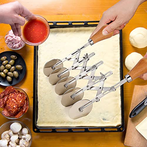 Juome 5 Wheel Pastry Cutter with Wooden Handle, Multi-Round Wheel Pasta Dough Cutter Roller Pizza Slicer Accordion Pastry Knife Divider Tool - color: 5 wheel Pastry Cutter with Wooden Handle