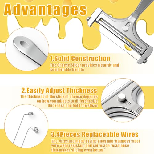 Stainless Steel Wire Cheese Slicer With 4 Extra Wires Adjustable Thickness, Handheld Cheese Cutter Butter Block Cutter for Cheddar, Gruyere, Raclette, Mozzarella Kitchen Slicing Tools