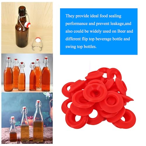 Swing Flip Top Bottle Cap Gasket Swing Top Bottle Seals Washers Beer Bottles Gasket Red Half Cover Design Silicone Rubber Reusable High Pressure 30 Pieces for Home Brew Beer Soda Bottles Sealing