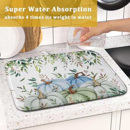 Giwawa Fall Blue Pumpkin Dish Drying Mat Autumn Harvest Dishes Pad 16"x18" Microfiber Quick Dry Dish Drainer Rack Mats Kitchen Counter Accessories - color: Blue Pumpkin Leaf, size: 16x18 inch