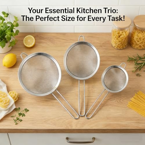 3-Piece Fine Mesh Strainer Set, Stainless Steel Sieves & Colanders for Kitchen - Perfect for Sifting Flour, Rinsing Quinoa & Straining Pasta - Includes 3, 5, and 7 Inch Food Strainers