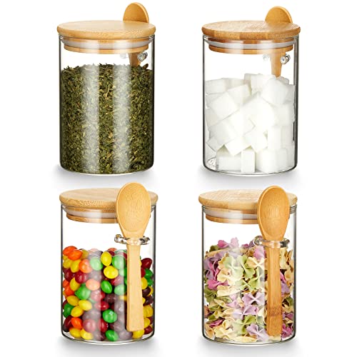Mfacoy Set of 4 Airtight Glass Jars with Bamboo Lids & Spoons, 17 oz Borosilicate Overnight Oats Containers with Lids, Clear Food Storage Canister for Cookie, Candy, Coffee, Sugar, Matcha Tea, Flour