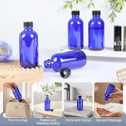 ZBCCCEOB 4 oz Small Glass Bottles with Lids, Boston Round Shot Bottles for Ginger Juice, Essential Oils - Leak Proof Mini Travel Containers(Blue, 24Pack) - color: Blue UV, size: 4oz 24