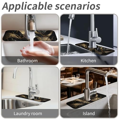 Kitchen Sink Splash Guard,Black and metallic gold marble Faucet Mat Sink Gadgets-Super Absorbent Fast Drying Mat Drip Catcher for Kitchen, Bathroom,Sink Mat, Dish Drying Mat, Bathroom(15" X 5.5" ) - color: Black and metallic gold marble