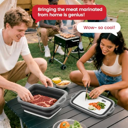 BBQ Prep Tub 3-IN-1 Large 8L Collapsible Cutting Board with Locking Lid for Meal Prep Marinating Food, Camping Sink with Colander, Dish Basin, Storage Blanket for Camping Picnic BBQ, Black - color: Black 8L