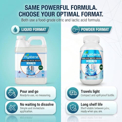 Tankless Water Heater Descaler Liquid 32 Oz — Removes Limescale, Restores Hot Water Pressure and Heating Efficiency — Food Grade Citric and Lactic Acid — Made in USA