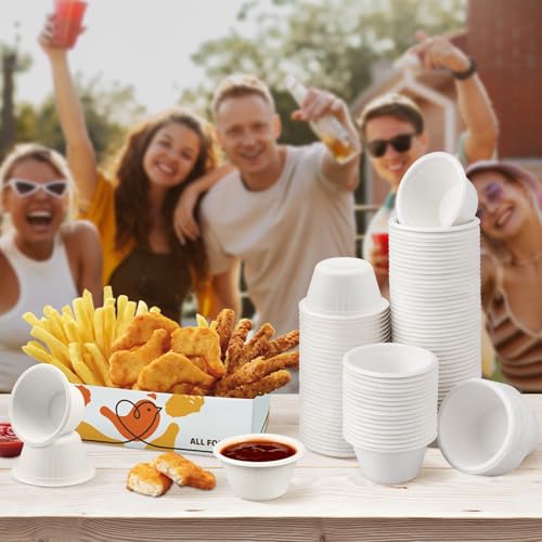 LeonBach 100 Pack Natural Bagasse Fiber Bowls 2oz Disposable Paper Cups Microwavable Safe Sample Snack Charcuterie Serving Cups Disposable Ramekins for Sauce Portion Condiment Ice Cream, White - color: White, style: 2oz-100 Pack