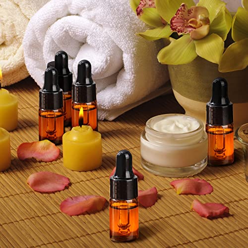Nuogo 100 Pcs Mini Amber Glass Oil Dropper Bottle Bulk, Clear Essential Small Empty Sample Vial with Dropper and Black Caps Tiny Amber Glass Bottles Perfume Jars for Travel(3 ml) - size: 3 ml