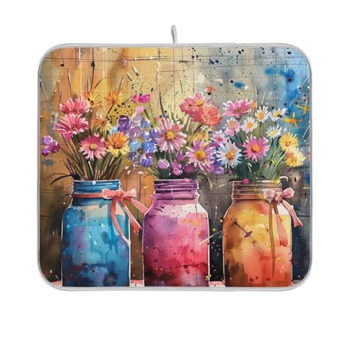 Absorbent Dish Drying Mats, Colorful Mason Jars Spring Flowers Quick Drying Coffee Bar Mat, Reversible Dish Draining Mat Kitchen Countertop Mat, 18 x 24 Inch - size: 18x24in