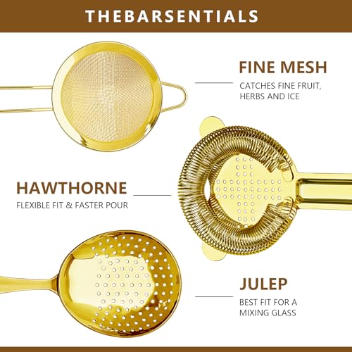 Cocktail Strainer-Stainless Steel Bar Tools Bartender Cocktail Strainer Set:Hawthorne Strainer,Julep Strainer and Conical Fine Mesh Strainer (Gold) - color: Gold