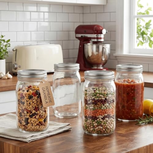 Wide Mouth Glass Mason Jars, 32oz, Pack of 4 | Airtight Lids, Measurement Marks, Food Storage Containers, For Overnight Oats, Canning, Fruit Jams & Meal Prep