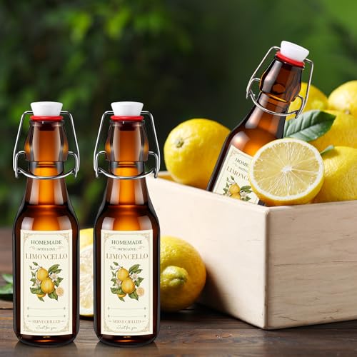 LemonRoad 10 Pcs 8 oz Limoncello Bottles Amber Swing Top Glass Bottles with Labels Airtight Cap Lids for Limoncello Homemade Flip Top Glass for Home Brewing Wedding Baby Shower Housewarming Favors