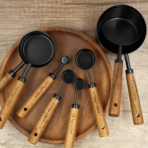 Measuring Cups and Spoons Set of 8, Stainless Steel Measuring Cup with Wooden Handle, Kitchen/Food/Liquid/Baking (Black) - color: Black