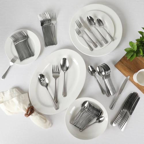 Gibson Home Sinta 87-Piece Stainless Steel Flatware Set with Bead Border Design – Service for 12 Plus Serving Utensils, Polished Silverware, Dishwasher Safe - size: Service for 12 w/ Serving Utensils (87pcs)