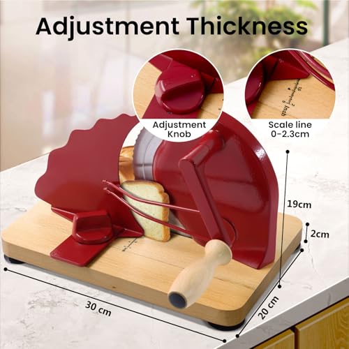 Manual Bread Slicer for Homemade Bread, Bread Cutter for Adjustable and Even Slices, Classic Hand Crank Sourdough Slicer with Scale Line & Powerful Suction Cup, Sharp Stainless Steel Blade (Red) - color: Red