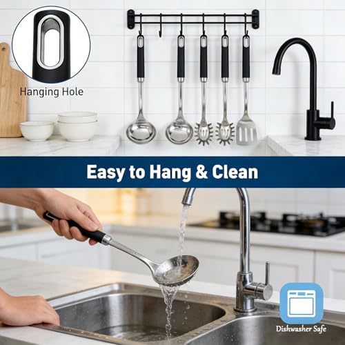 Stainless Steel Soup Ladle and Spaghetti Spoon Set, 2Pcs Heat Resistant & Non Slip Rubber Handle Set, Dishwasher Safe, Kitchen Cooking Utensils Set for Soup and Sauce